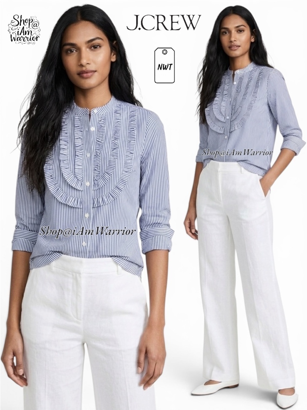 J.Crew NWT blue pin-stripe pleated ruffle bib long sleeve top *shop@iamwarrior